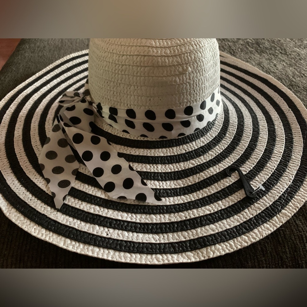 Classic Black & White Striped Sun Hat with Polka Dot Scarf